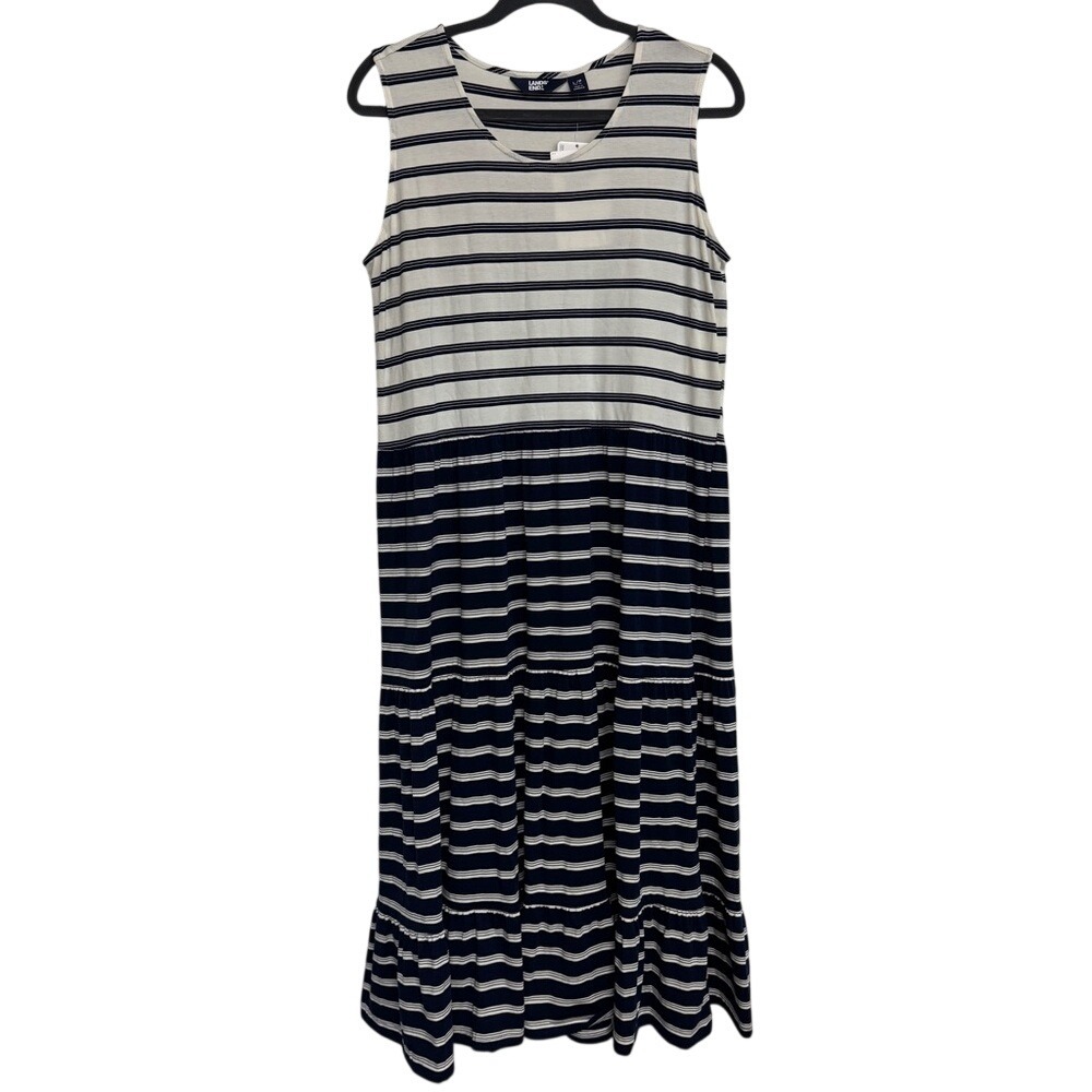Lands End New Size LP Navy and White Striped Tiered Midi Dress Nautical‎ Preppy